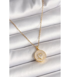 316L Çelik Gold Renk Zincir Madalyon Zirkon Taşlı Kalp Model Kadın Kolye 5886 - 1OL3967-2363