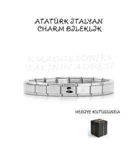Çelik İtalyan Charmlı Kemal Atatürk Fotoğraflı Çelik Bileklik Lazer İle Yapılır