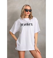 Kadın Kısa Kol Yazlık Tişört Bisiklet Yaka Baskılı Oversize T-Shirt - Beyaz