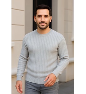 Erkek Bisiklet Yuvarlak Yaka Triko Kazak Pamuklu Kalın Fitilli Dokuma, Regular Fit Uzun Kollu Kışlık