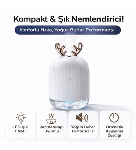 Renkli Işıklı Geyik Boynuzlu Mini Hava Nemlendirici – Sessiz ve Şık Tasarım