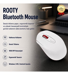 Rooty Sessiz Tıklamalı Kablosuz Mouse - Ergonomik Şık Tasarım, 1600 DPI Yüksek Hassasiyetli Optik Fare