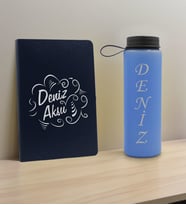 BK Gift Kişiye Özel İsimli Lacivert Defter ve Mavi Cam Matara Hediye Seti-4, Sevgiliye Hediye, Arkadaşa Hediye, Yeni İş Hediyesi