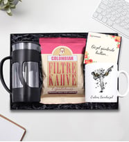 Kişiye Özel Siyah Beyaz Kupa & Siyah French Press & Colombian Taze Filtre Kahve Hediye Seti