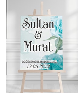 Söz Nişan Düğün İçin 50x70 Karşılama Panosu - Turkuaz Çiçek ve Yaprak Tasarımlı