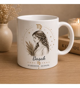 Başak Burcu Baskılı Beyaz Kupa Bardak  Astroloji Temalı Seramik Kahve Kupası  Modern Burç Tasarım Hediye