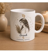 Başak Burcu Baskılı Beyaz Kupa Bardak  Astroloji Temalı Seramik Kahve Kupası  Modern Burç Tasarım Hediye