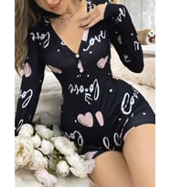 Kadın Siyah Kalp Desenli Love Yazılı Pijama Tulumu 5124