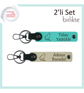 Sevgiyle Mırlayanlara, Pati Temalı, İsme Özel Yazılı Deri Anahtarlık, Turkuaz-Sütlü Kahve