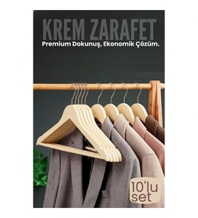 Mey İthalat® 10'Lu Lüks Krem Elbise Ceket Askısı - Ergonomik & Kaymaz Plastik Askı Seti - Ahşap Gör