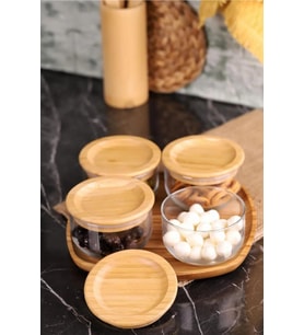 Duo 300ml 4'lü Bambu ve Silikon Kapaklı Hava Almayan Cam Kahvaltılık Seti