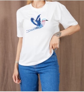 Beyaz Kuş Baskılı Taş Detaylı Kısa Kollu T-shirt