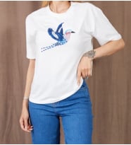 Beyaz Kuş Baskılı Taş Detaylı Kısa Kollu T-shirt