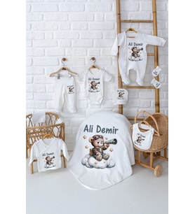 Pia Baby Premium %100 Pamuk 10 Parça İsme Özel Erkek Bebek Hediyesi Hastane Çıkışı Seti 5007-01 (Krem)