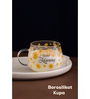 Porsima 2089 Borosilikat Isıya Ateşe Dayanıklı Cam Kulplu Çay Bardağı Kahve Bardak Kupa Sarı 400 ml (Sarı-Beyaz)