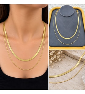 Premium Parlak ve Şık Gold Renk İkili Zincir Kadın 316L Çelik Kolye (45 cm)