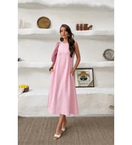 Neşeli butik kadın pembe cep detaylı kolsuz oversize yazlık elbise NBNP038