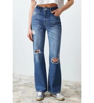 Kadın Moda Şık Kot Pantolon Geniş Paça Regular Boy Denim Mavi Yırtıklı Yüksek Bel Jeans