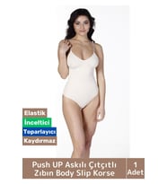 Özel Lazer Kesim İz Göstermez Toparlayıcı Askılı Çıtçıtlı Push UP Slip Body Zıbın Korse (Ten)