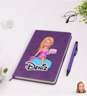 BK Gift Kişiye Özel Kadın Doğum Günü Karikatürlü Mor Termo Deri Defter Kalem Seti Model 2