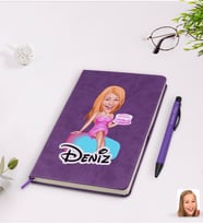 BK Gift Kişiye Özel Kadın Doğum Günü Karikatürlü Mor Termo Deri Defter Kalem Seti Model 2