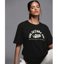 Kadın Baskılı T-Shirt Kısa Kol Bisiklet Yaka Oversize Rahat Kalıp Tişört - Siyah