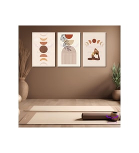 3'Lü Kanvas Tablo Seti Yoga Meditasyon Yapan Kadın ve Soyut Desenler