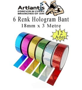 Renkli Hologram Bant 6 Renk 12 Adet 18mm x 3 Metre Yaldızlı Metalik Desenli Fosforlu Hologram Bant Hobi Tasarım (Çok Renkli)