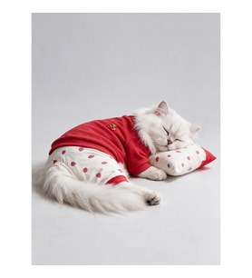 Tatlı Çilek Kedi Rüyası Pamuklu Çilekli Kedi Tulumu, Kırmızı Sweatshirt ve Mini Yastık 3Parça