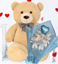 Premium 90 cm Peluş Ayı ve Premium Kalp Balonlu Romantik Mavi Peluş Ayıcık Buketi, Yıldönümü, Özel Gün - Sevdiğine Hediye (Bej)