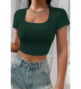 Kadın Yeşil Yarım Kol Düz Yaka Crop Top Bluz