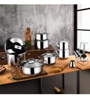 GÜRAL PORSELEN Saray 18 Parça Metal Kulplu Çelik Tencere Takımı Mk