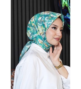Soyut Yaprak Desen Mint Pamuk Eşarp (Standart)