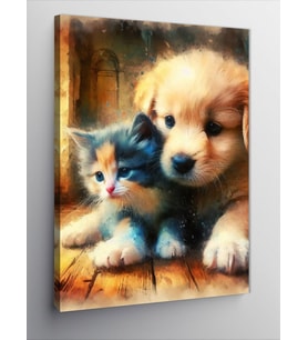 Kanvas Tablo Yavru Köpek Ve Kedi