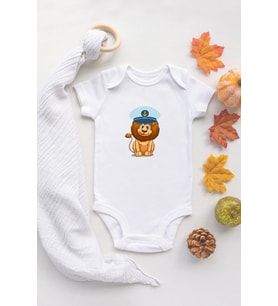 Denizci Aslan Baskılı %100 Pamuklu Organik Baskılı Beyaz Çıtçıtlı Bebek Body Zıbın Bebek Badi