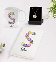 BK Gift Kişiye Özel Harf Temalı Beyaz Defter Kupa ve Papatya Kolye Seti-1 (Model 1)