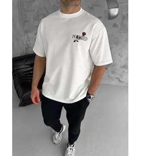 pilelistore- Unisex Bisiklet Yaka Baskılı Oversize T-Shirt - Beyaz