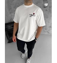 pilelistore- Unisex Bisiklet Yaka Baskılı Oversize T-Shirt - Beyaz