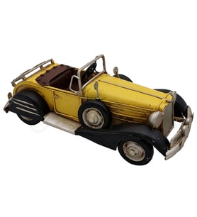 El Yapımı Eskitme Sarı Vintage Metal Cabrio Araba Biblo - Klasik Roadster Dekoratif Otomobil Model