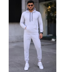 Erkek İki İplik Kapüşonlu Kanguru Cepli Sweatshirt Jogger Pantolon Alt Üst Eşofman Takımı -Beyaz