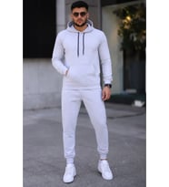Erkek İki İplik Kapüşonlu Kanguru Cepli Sweatshirt Jogger Pantolon Alt Üst Eşofman Takımı -Beyaz