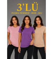 3’lü Kısa Kollu Bisiklet Yaka Basic Slim Fit T-Shirt - Pudra Pembe - Mor - Bej