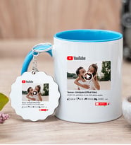 Kişiye Özel Youtube Tasarım Fotoğraflı Mavi Kupa Bardak ve Anahtarlık