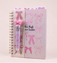 Pembe Fiyonk Temalı 4 Bölmeli Çizgili Defter & 10 Renkli Tükenmez Kalem Kırtasiye Seti