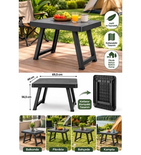Portatif Katlanabilir Plastik Piknik Sehpası 49x69,5 cm Kamp, Bahçe ve Balkon Masası 56,5 cm Yüksekl