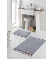 Simirna Ponpon Saçaklı Peluş Yıkanabilir Kaymaz Banyo Paspası 2'li Klozet Takımı Gri
