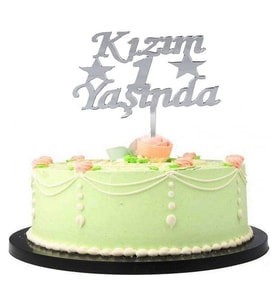 Kızım 1 Yaşında İlk Yaş Doğum Günü Partisi Pleksi Pasta Süsü Gümüş Renk