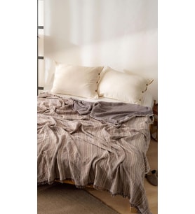 Boho Çizgili Yatak Örtüsü 4 Katlı Müslin%100 Pamuk Yumuşak Lüks Yazlık Pike Çift Kişilik Battal Boy 240x260 cm (Gri)