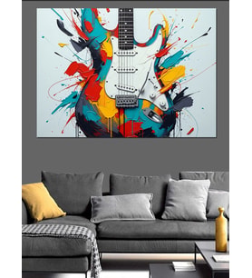 Papağan Renkli Gitarlı Sanat Dekoratif Kanvas - Mdf Ahşap Tablo