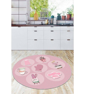 Pembe Kaymaz Tabanlı bitki desenli Yuvarlak Mutfak Halısı AR923
